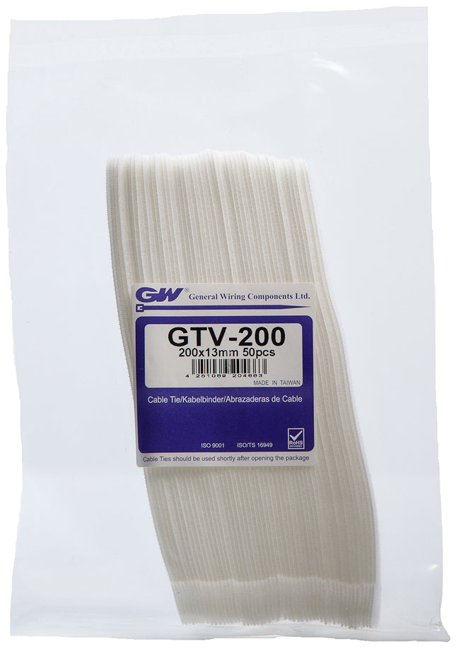 GW kaablisidemete tehnoloogia, takjapael ja aasaga teip 200 x 13 mm, valge, 50 tükki, GTV-200HD/50WHT