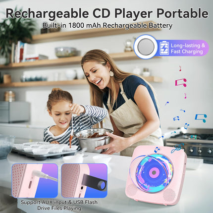 Raadio CD-mängijaga lastele: Kegaudio kaasaskantav CD-mängija Bluetooth-kõlariga, esipaneeliga, kaugjuhtimispuldiga, taimeriga, USB-taasesitusega, AUX-taasesitusega, roosa