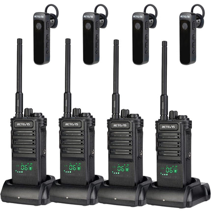 Retevis RB689 Walkie Talkie Long Range, Two-Way Radio with Wireless Headphones, 2600mAh, USB Rechargeable, Flashlight, Two-Way Radio Set for Contractors (Black, 4Pcs)