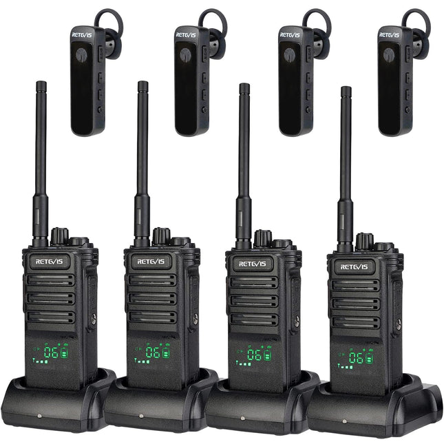 Retevis RB689 Walkie Talkie pika leviala, kahesuunaline raadio juhtmevabade kõrvaklappidega, 2600mAh, USB laetav, taskulamp, kahesuunaline raadiokomplekt töövõtjatele (must, 4 tk)