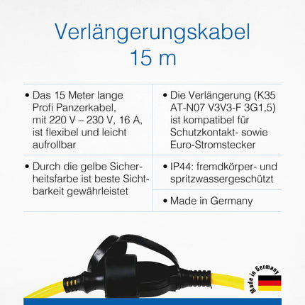 as - Schwabe extension cable 15 m – 230 V, 16 A earthed plug – outdoor power extension cable – extension for outdoor use – K35 AT-N07V3V3-F 3G1.5 – IP44 – Made in Germany, yellow, 60353