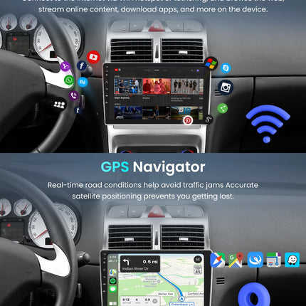 4+64G Android Car Radio for Peugeot 307/307CC/307SW 2002-2013 9 inch Touchscreen Wireless Carplay Car Radio with Android Auto Navi GPS Mirror Link Bluetooth WiFi/FM/RDS/EQ/SWC/USB Rear View Camera