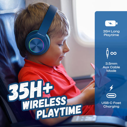 PowerLocus laste Bluetooth-kõrvaklapid, laste juhtmevabad kõrvaklapid LED-tulede ja 94 dB helitugevuse piiranguga, kokkupandavad kõrvaklapid, HD-stereo, Micro SD, sisseehitatud mikrofon kooli/sülearvuti/mobiiltelefoni/teleri jaoks
