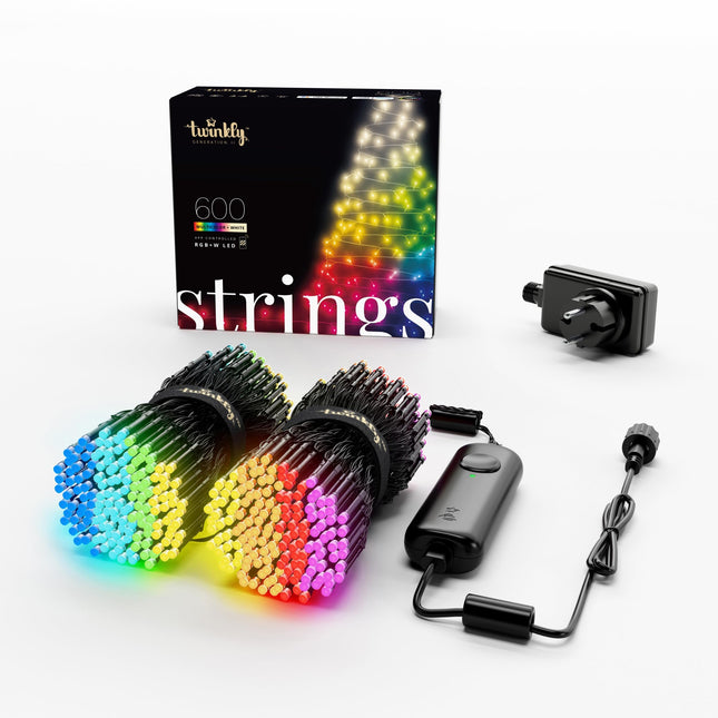 Twinkly Strings 600 LED RGB+ valget, LED-keerdvalgustid, nutikad LED-id sise- ja välistingimustes kasutamiseks, ühildub Alexa ja Google Home'iga, IP44, rakenduse juhtimine, must kaabel, 48m