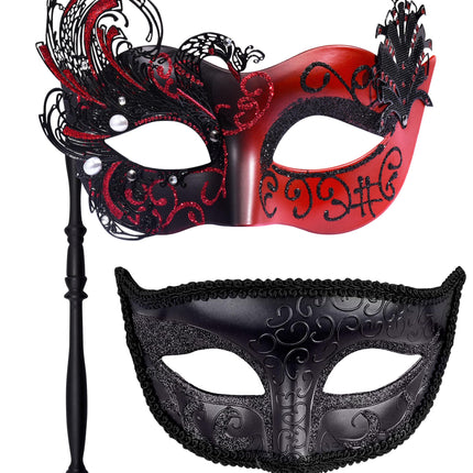 SIQUK paar maskeraadimaski pulgaga Veneetsia peomask Halloweeni kostüümi karnevalimask paaridele, naistele ja meestele, luik must ja punane, üks suurus