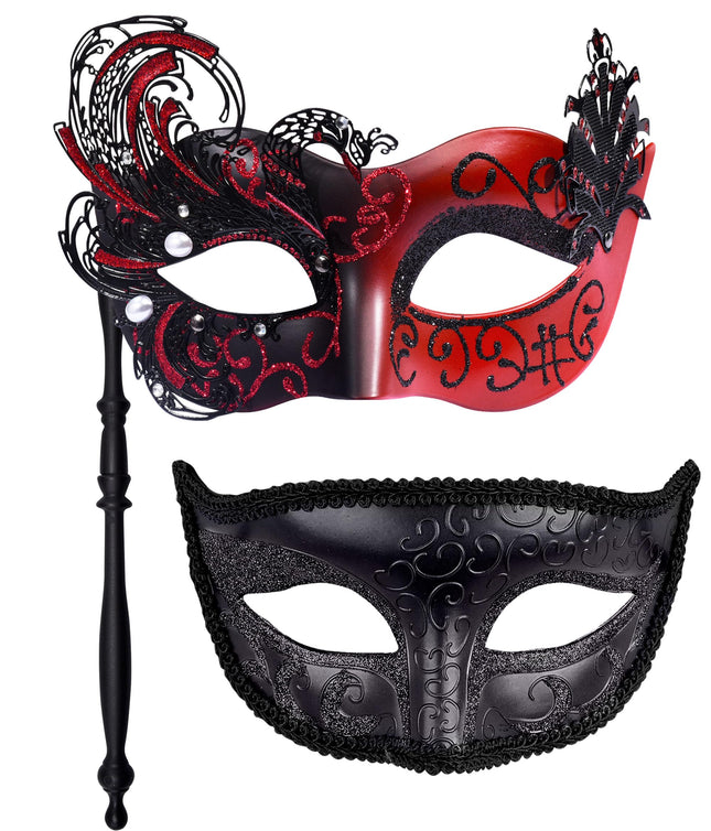 SIQUK paar maskeraadimaski pulgaga Veneetsia peomask Halloweeni kostüümi karnevalimask paaridele, naistele ja meestele, luik must ja punane, üks suurus