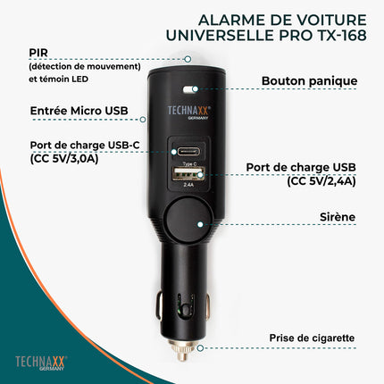 Technaxx TX-168 autoalarmisüsteem autodele, haagissuvilatele, paatidele ja kodudele - autoalarmisüsteem 105dB, välise sireeni, paanikanalnupu, 7-päevase aku tööeaga, PIR-liikumisanduriga, 2 USB-pordiga, lihtsa paigaldusega
