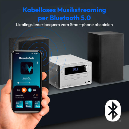 MEDION E64482 mikroaudiosüsteem, kompaktne süsteem (DAB+, CD-mängija, PLL FM-raadio, Bluetooth, MP3-mängija, AUX, kõrvaklapipesa, USB, unetaimer, hämardatav ekraan) hõbedane