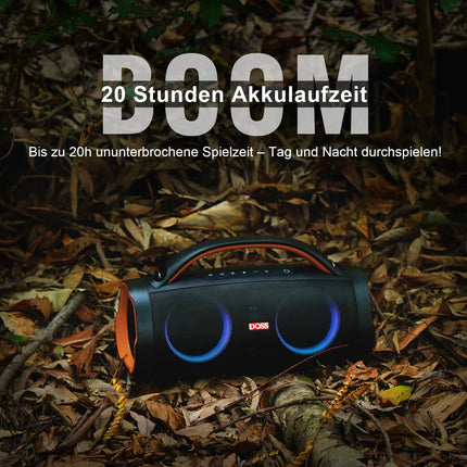 DOSS Extreme Boom+ Bluetooth kõlar, 100W stereoheli, rikkalik bass, 20h aku tööiga, varupatarei, IPX6 veekindlus, RGB tuled, kaasaskantav muusikakarp õue, telkimiseks, basseini äärde, randa, aeda – oranž