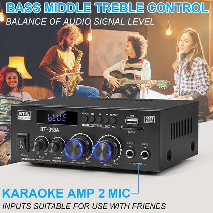 Romicta HiFi Stereo Amplifier, 450Wx2, 2-Channel Mini Bluetooth Amplifier with FM Radio, USB/SD, Optical &amp; Coaxial Inputs – Compatible with Passive Speakers &amp; Active Subwoofer