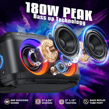 W-KING 180W PEAK Bluetooth Speaker Box Large Party Loud Music Box Bluetooth Boom Box Wireless with 80W Natural Deep Bass/4 Drivers 2*4.04'' Woofer Huge 105dB Sound/IPX5/LED/24H/USB/TF/AUX/EQ