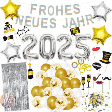 New Year's Eve Decoration 2025 XXL, 2025 New Year's Balloons Silver, Happy New Year Balloon Set, Silver Gold New Year's Decoration, New Year's Eve Party Set, New Year's Eve Confetti Photo Props New Year's Tinsel Curtain (White)