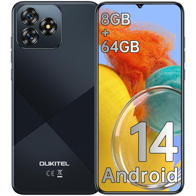 OUKITEL C53 Android 14 nutitelefon lukustamata - 8GB + 64GB/1TB mobiiltelefon lukustamata, kaheksatuumaline 6,6" HD+ nutitelefon, 13MP + 5MP kaamera, 4300mAh mobiiltelefon, 4G kahe SIM-kaardiga lukustamata mobiiltelefonid, näotuvastus, GPS, must