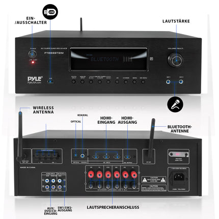 Pyle Amplifier, AV Receiver, HiFi Amplifier, Bluetooth Amplifier, Stereo Amplifier - 1000W 5.2 Channels with 2 UHF Wireless Microphones, Amplifier, MP3/USB/HDMI/AM/FM Radio, for Home Theater &amp; Karaoke