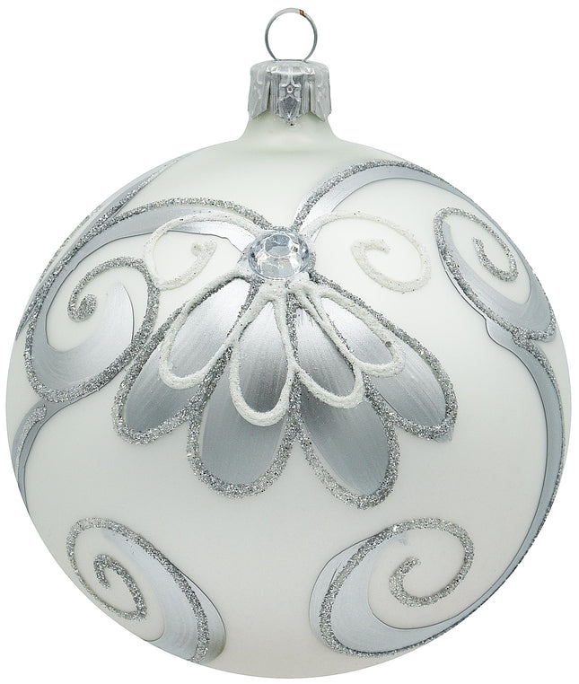 VITBIS - Christmas ball made of glass, Christmas tree balls 10 cm, mouth-blown, hand-decorated and handmade Christmas tree decoration - matte white color with rich silver decoration