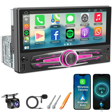 [Uuendus] Ühe DIN-pesaga autoraadio CarPlay ja Android Auto funktsioonidega, 6,8-tolline HD IPS-puuteekraan, autoaudio vastuvõtja peakomplekt toetab Bluetooth 5.2, FM/AM, SWC, Mirrorlink, USB Type-C laadimine + tahavaatekaamera
