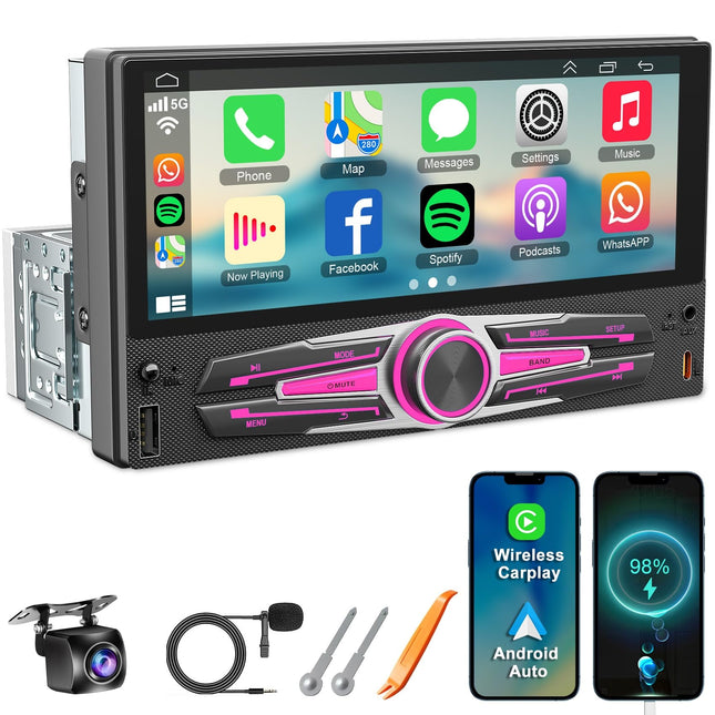 [Uuendus] Ühe DIN-pesaga autoraadio CarPlay ja Android Auto funktsioonidega, 6,8-tolline HD IPS-puuteekraan, autoaudio vastuvõtja peakomplekt toetab Bluetooth 5.2, FM/AM, SWC, Mirrorlink, USB Type-C laadimine + tahavaatekaamera