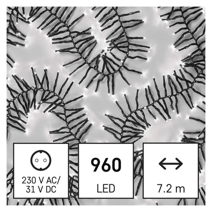 EMOS LED-valguskett külmvalge sise- ja välistingimustes kasutamiseks, 7,2 m pikkune jõuluvalguskett IP44 960 LED-iga + 5 m kaabel ja toiteplokk, efektiivsed valgusrežiimid, peoks, jõuludeks, kaunistuseks