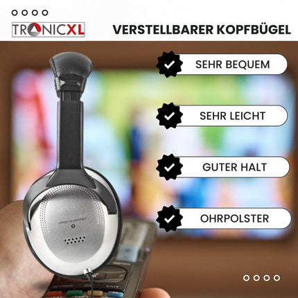 TronicXL TV kõrvaklapid kõrvaklapid peavõruga stereo 6m pikkused kaabeltelevisiooni televisioon, mis ühildub Sony, LG, Panasonic, Grundig, Samsung, Philips, Toshiba, Hisense, Medion kronsteiniga seenioride abistamiseks mõeldud televiisor