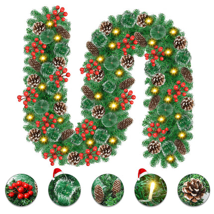 Christmas Garland with Lights - 2.7 M/9FT Garland Christmas Decoration with 30 LEDs, Artificial Christmas Wreath for Fireplace, Stairs, Door, Window, Indoor, Outdoor