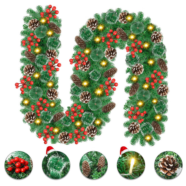 Christmas Garland with Lights - 2.7 M/9FT Garland Christmas Decoration with 30 LEDs, Artificial Christmas Wreath for Fireplace, Stairs, Door, Window, Indoor, Outdoor