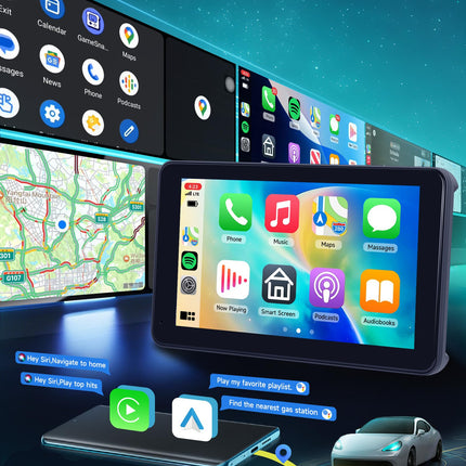 Wireless Carplay &amp; Android Auto Display, Portable Car Radio with 7 inch HD IPS Touchscreen Carplay Display with Android Auto Airplay Android Cast Air Drop Bluetooth/FM Transmission/AUX/Video Website 7-32V