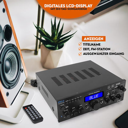 Pyle võimendi, HiFi stereovõimendi, Bluetooth-võimendi, võimendi, mini-stereoressiiver, 200 W mitmekanaliline HDMI-ühendusega, optiline/phono/koaksiaalühendus, FM-raadio, USB/SD/AUX/RCA, mikrofonisisend kaugjuhtimispuldiga