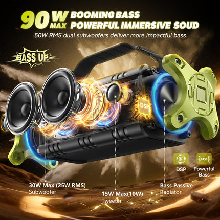 W-KING Bluetooth Speaker Large 90W Peak, Bluetooth Music Box, 50W Deep Bass, IPX6 Waterproof, Portable Party Loud Speaker Boxes, Boombox Outdoor Speaker, 40H, EQ, Power Bank, AUX, TF, NFC