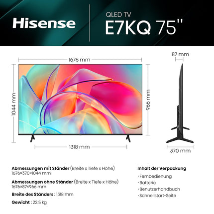 Hisense 75E7KQ QLED nutiteler 189 cm (75 tolli), 4K, HDR10, HDR10+ dekodeerimine, HLG, Dolby Vision, DTS Virtual, 60Hz paneel, Bluetooth, sisseehitatud Alexa, VIDAA Voice, antratsiithall