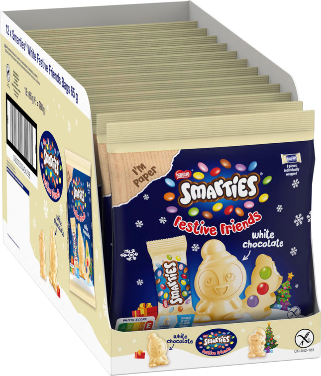 Nestlé SMARTIES Festive Friends White jõulufiguurid valge šokolaadiga, väike jõulukink värviliste SMARTIES Minidega, 12 tk pakis (12 x 65 g)