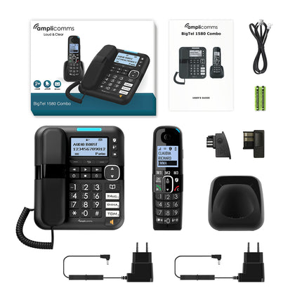 Amplicomms BigTel 1580 Combo DECT suurte nuppudega telefon, automaatvastaja, lisatelefon, helivõimendus, eriti valjud helinad, kuuldeaparaatidega ühilduv, must