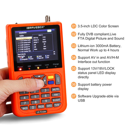Digitaalne satfinder, V9 digitaalne satelliidisignaali otsija sisseehitatud liitiumioonakuga, 3,5-tolline LCD-ekraan, Full HD, 16-bitine, OSD 64 MB, 1 GB, DDR3, tugi H.265 (oranž)
