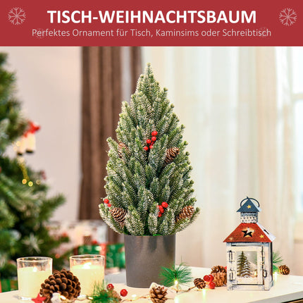 HOMCOM Artificial Christmas Tree Small Tabletop Christmas Tree 170 Branches Snowy Design Mini Christmas Tree with Plastic Base Berries Pine Cones PE PVC Green Ø27 x 47 cm