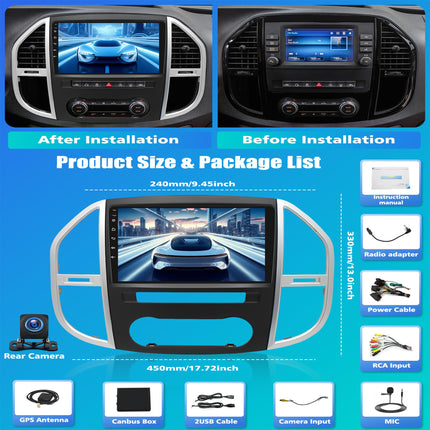 4G+64G Car Radio with Navigation for Mercedes Benz Vito W447 (2014-2020) with Carplay Android Auto, Android 13 Car Radio with 10 inch Screen, Bluetooth Mirror Link WiFi FM/RDS HiFi + Rear View Camera