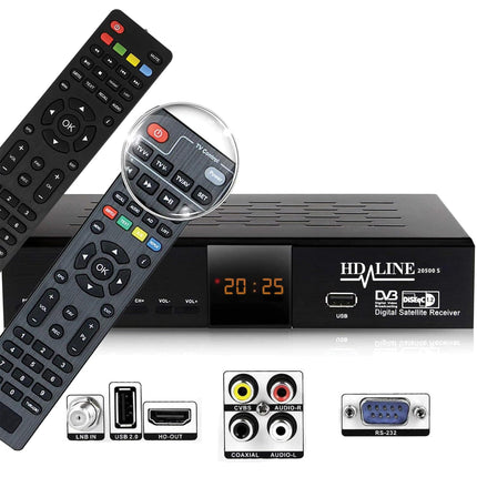 hd-line 20500 S Digital Satellite HD Receiver (DVB-S/DVB-S2, HDMI, AV, 2x USB 2.0, Full HD 1080p, Digital Audio Out) [Pre-programmed for Astra, Hotbird and Türksat] Intelligent Remote Control