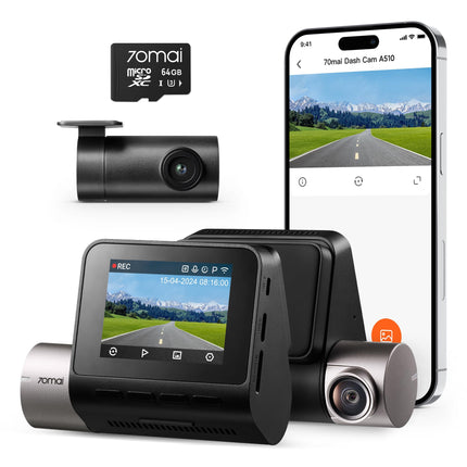 70mai Dashcam Car Front Rear A510, 2.7K 1944P+1080P Dash Cam STARVIS 2 Dual HDR Night Vision, Car Cameras with Parking Monitoring, GPS, G-Sensor, ADAS, Loop Recording, App Control, 64GB SD Card