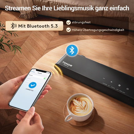 TONOR 2.1 teleri heliriba Dolby Atmosega, 5.3 Bluetooth-heliriba subwooferiga telerile, 3 ekvalaiseri režiimi/BASSMX/ruumilise heli kõlarid telerile/arvutile, kodukino helisüsteem, HDMI ARC/optiline/AUX/USB