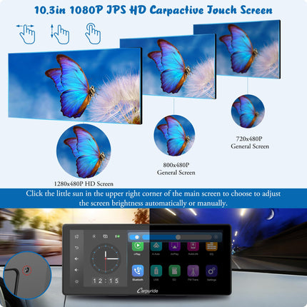 Carpuride W103 Pro juhtmevaba Bluetooth-edastusega kaasaskantav Carplay ja Androidi autostereo, 10,3-tolline 1080P puuteekraan peegeldamisega, toetab veoauto armatuurlauale paigaldamist