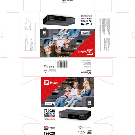 Tele System TS4020 dekooder kahe DVB-T/T2 ja DVB-S/S2 HEVC HD HDR10 HLG tuuneriga, juurdepääs tasuta eetrisse, maapealsele televisioonile ja satelliittelevisioonile ning raadiole. USB-meediapleier muusika ja fotode jaoks.