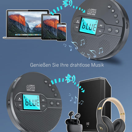 Walkman CD Player with Bluetooth - 2000mAh Rechargeable Discman CD Player with FM Transmitter, Headphones, LCD Screen, AUX, USB Portable Personal CD Player Anti-Slip Protector for Car