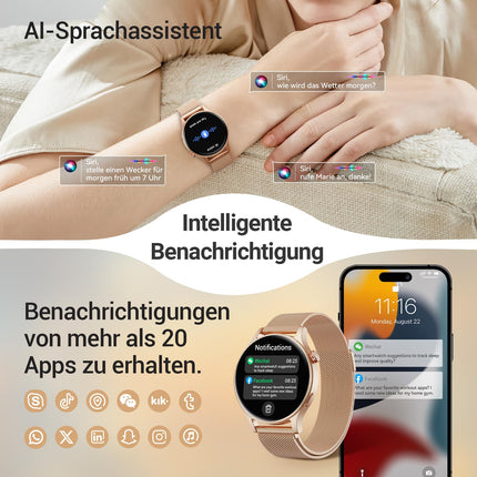 Nutikell naistele ja meestele ümmargune telefonifunktsiooniga - 1,32-tolline AMOLED-ekraan, fitnesskell 110+ spordirežiimi ja 3ATM-iga, kellad naistele ja meestele iOS/Androidile, sammulugeja ja pulsimõõtjaga, unemonitoriga - kuldne