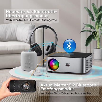 HORLAT projektor 4K kodukino toega, 25000 luumenit, natiivne 1080P WiFi Bluetooth projektor, automaatne/4P/4D trapetsikorrektsioon, 50% suumprojektor, sisseehitatud rakendus/WiFi peegeldav nutiprojektor