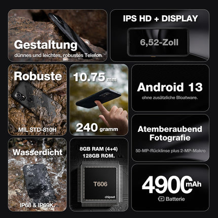 AGM H6 Üliõhuke lepinguta õuemobiiltelefon, vastupidav Androidi nutitelefon 6,56" IPS HD+, 4 GB + 128 GB 50 MP + 2 MP kaameraga, 4G kahe SIM-kaardiga IP68 / sõrmejälje ID/NFC/GPS/3 kaardipesa
