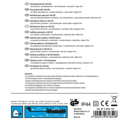 Idena 31854 - LED-kuusevanik 160 sooja valge LED-iga, 8-tunnise taimerifunktsiooni ja trafoga, umbes 10 m pikk, kaunistus sise- ja välistingimustes kasutamiseks, meisterdamiseks, peokaunistuseks, jõulukaunistuseks