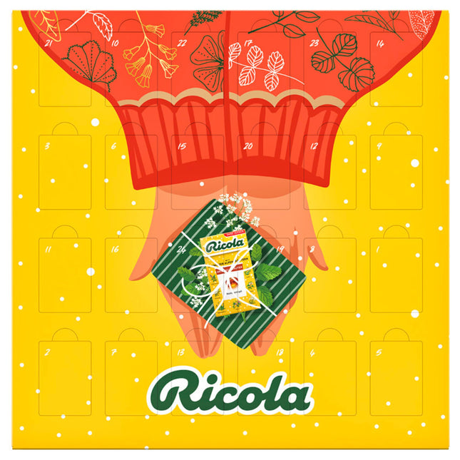 Ricola advendikalender 2024, 24 luuki erinevate Šveitsi ürdikommide seguga, magusainetega ja ilma, 1 x 360g