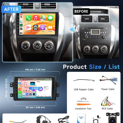 8 südamikku 6+128G Android autoraadio Suzuki SX4 2006-2013/FIAT Sedici 2005-2014 juhtmevaba Carplay 9-tollise Android Auto Mirror Linkiga Bluetooth FM/RDS/EQ/DSP WiFi GPS rooliratta juhtimine tahavaatekaamera