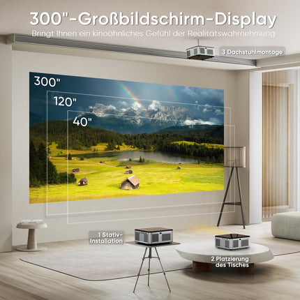 HORLAT projektor 4K kodukino toega, 25000 luumenit, natiivne 1080P WiFi Bluetooth projektor, automaatne/4P/4D trapetsikorrektsioon, 50% suumprojektor, sisseehitatud rakendus/WiFi peegeldav nutiprojektor