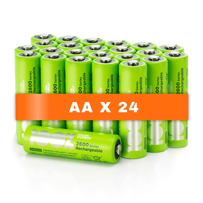 PeakPower AA NiMH battery | 24 AA rechargeable batteries 1.2V | Optimized capacity, low self-discharge, pre-charged | 24 AA rechargeable batteries