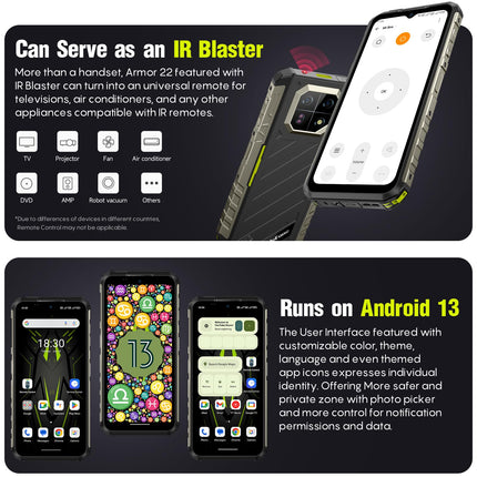 Ulefone Armor 22 Outdoor Mobile Phone Android 14 16GB+256GB/512GB SD, Octa Core 64MP+64MP Night Vision 6.58” FHD+ 120Hz 6600mAh IP68 Rugged Smartphone without Contract 4G Dual SIM Fingerprint ID NFC - Black