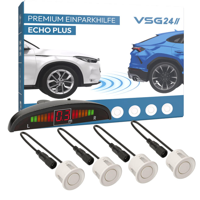 VSG24 Premium Parking Aid FRONT with display for retrofitting on the car, PDC parking sensors rear with plug-in system for easy installation - 4 reversing alarm sensors parking aid retrofit kit white